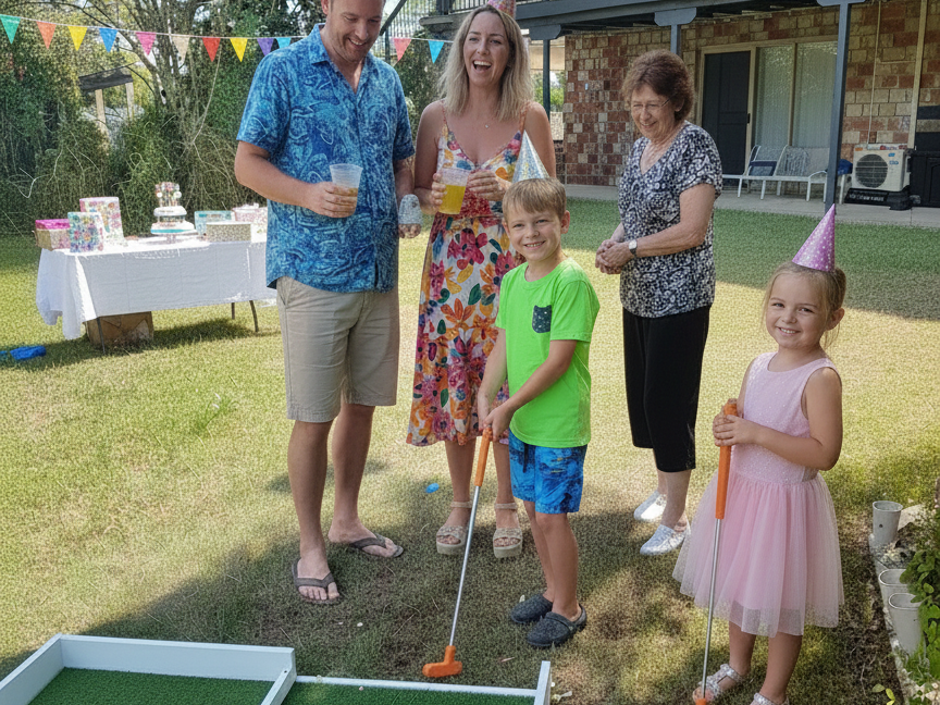 Family enjoying mini golf at party.